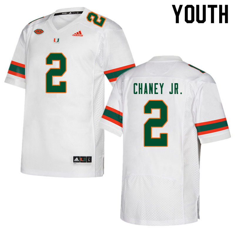 Youth #2 Donald Chaney Jr. Miami Hurricanes College Football Jerseys Sale-White - Click Image to Close